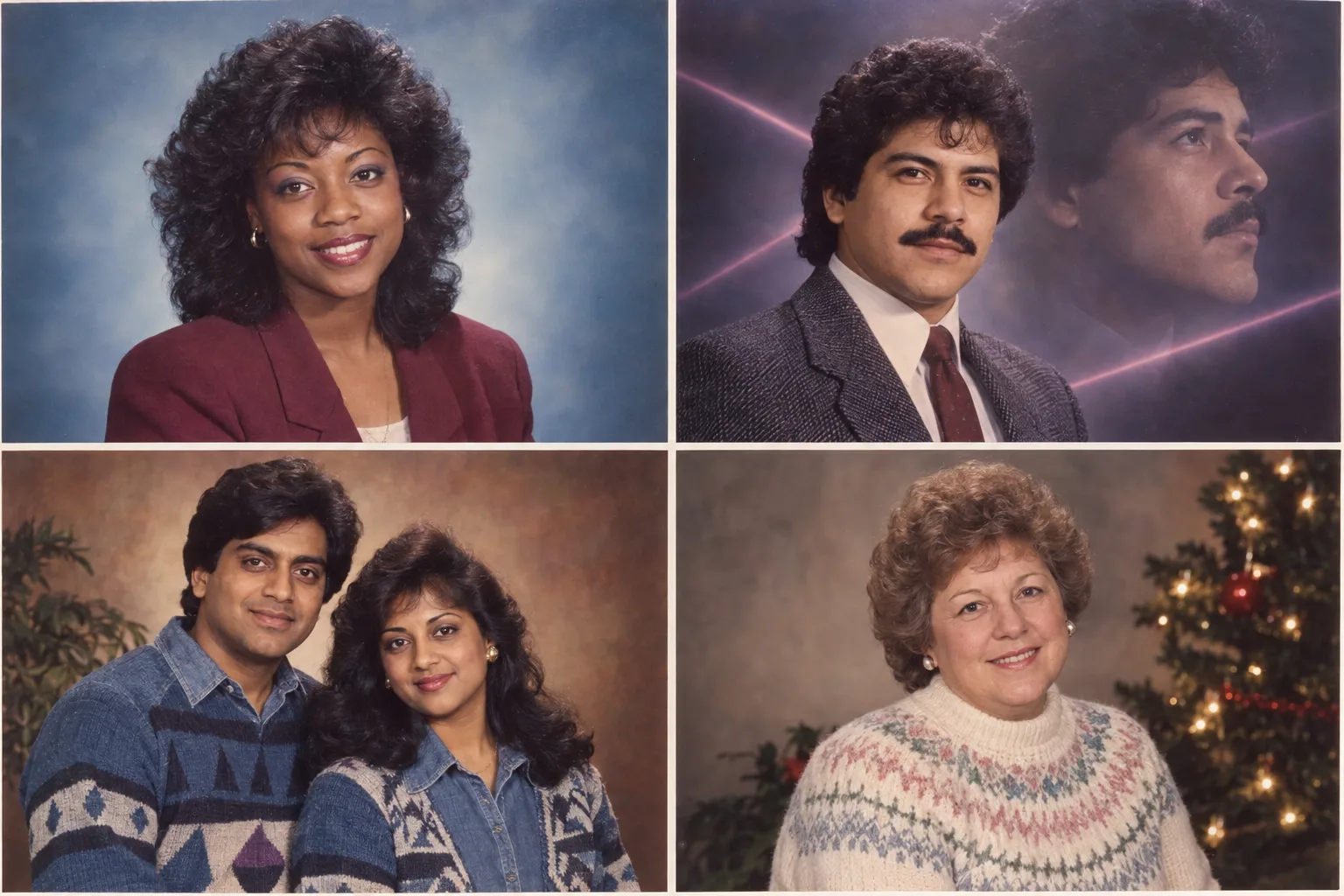 AI-generated contact sheet with a 1985 yearbook portrait, floating-head portrait, couple studio portrait, and holiday portrait