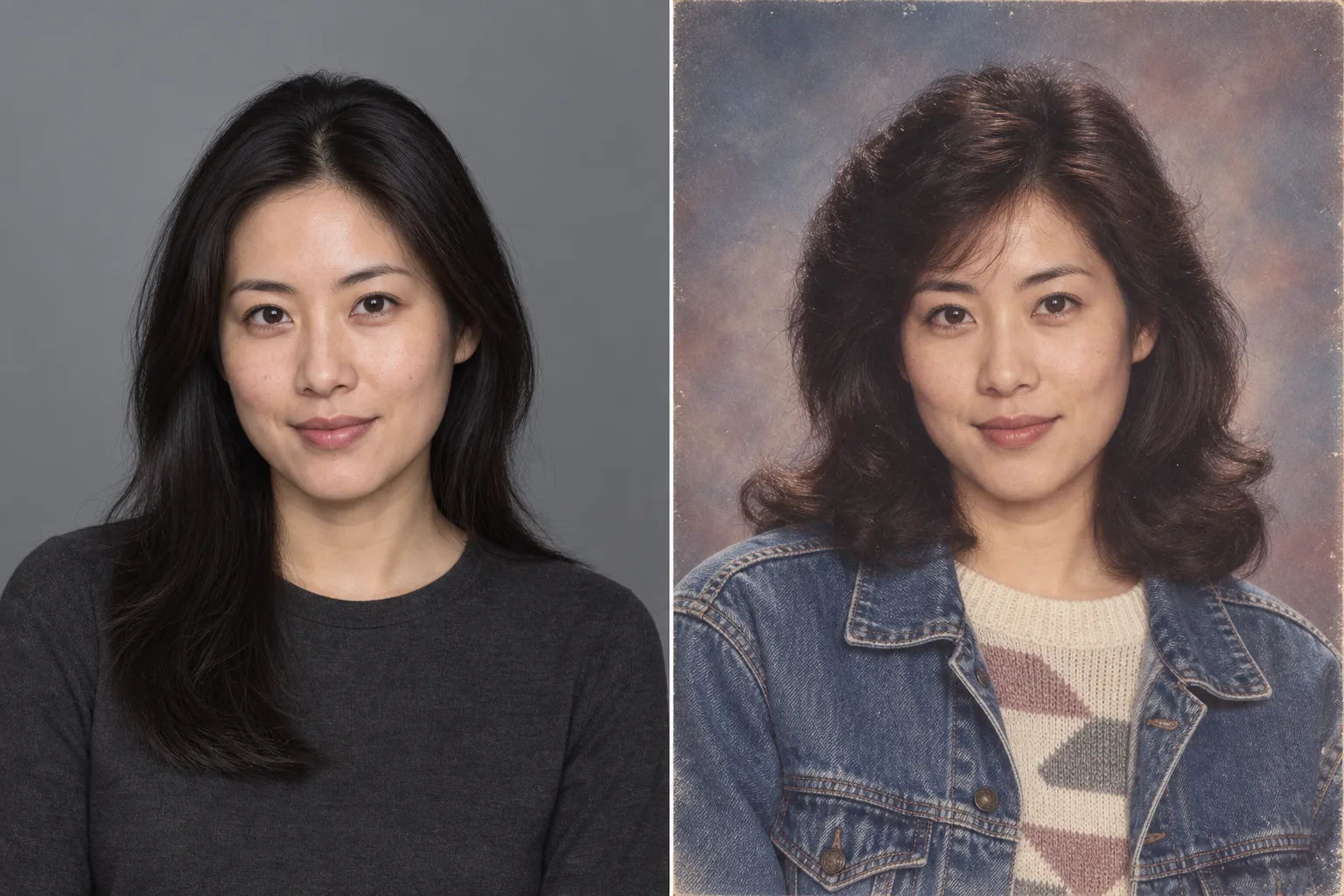 Side-by-side AI-generated portraits of the same fictional adult before and after a 1985 studio transformation