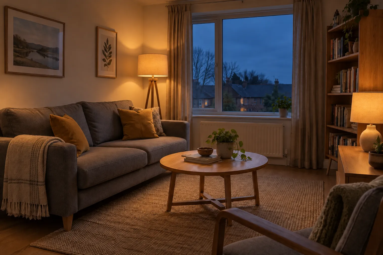 The same living room at blue hour with the floor lamp and table lamp switched on.