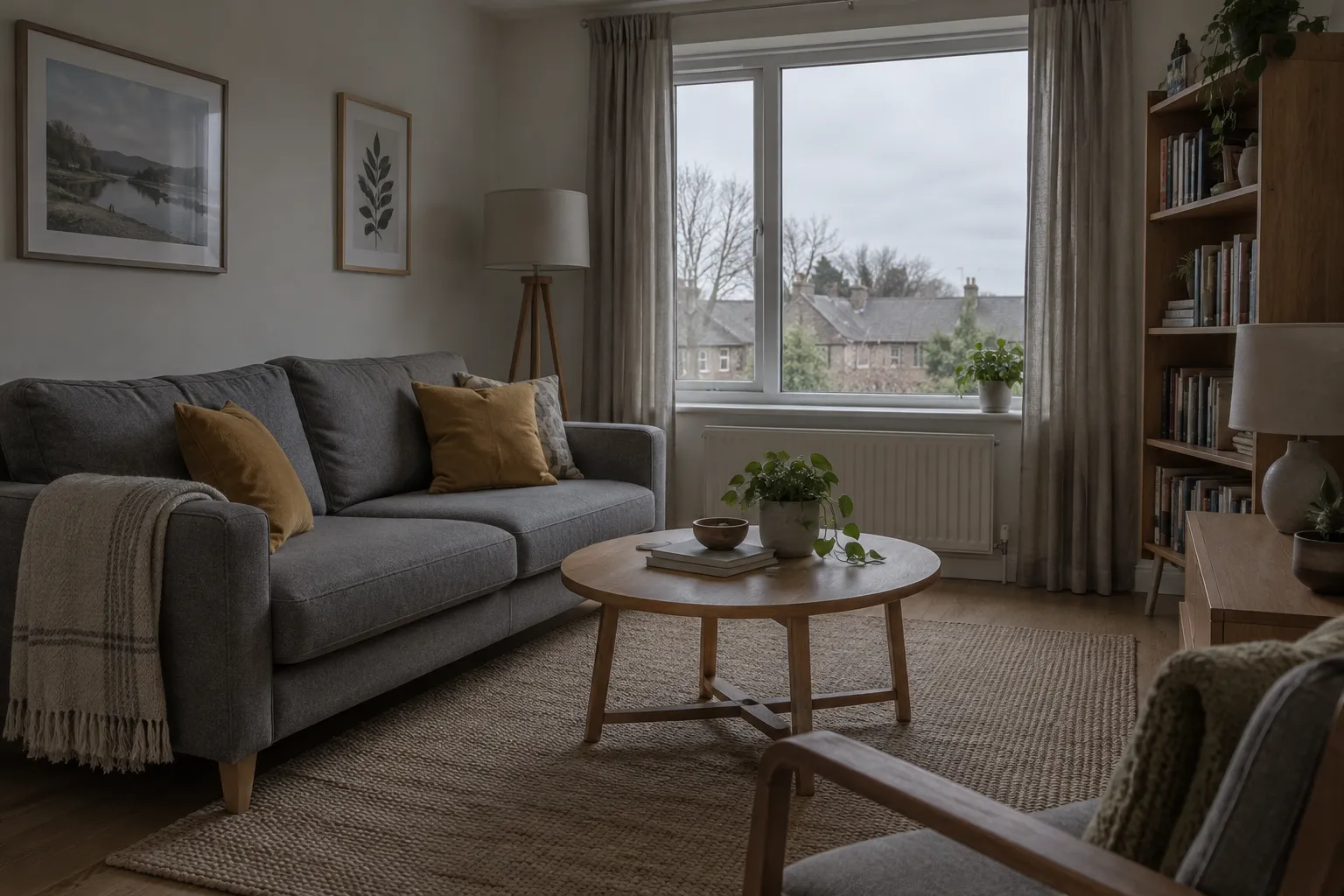 Living room with a grey sofa and mustard cushions in dull, flat overcast daylight with the lamps off.