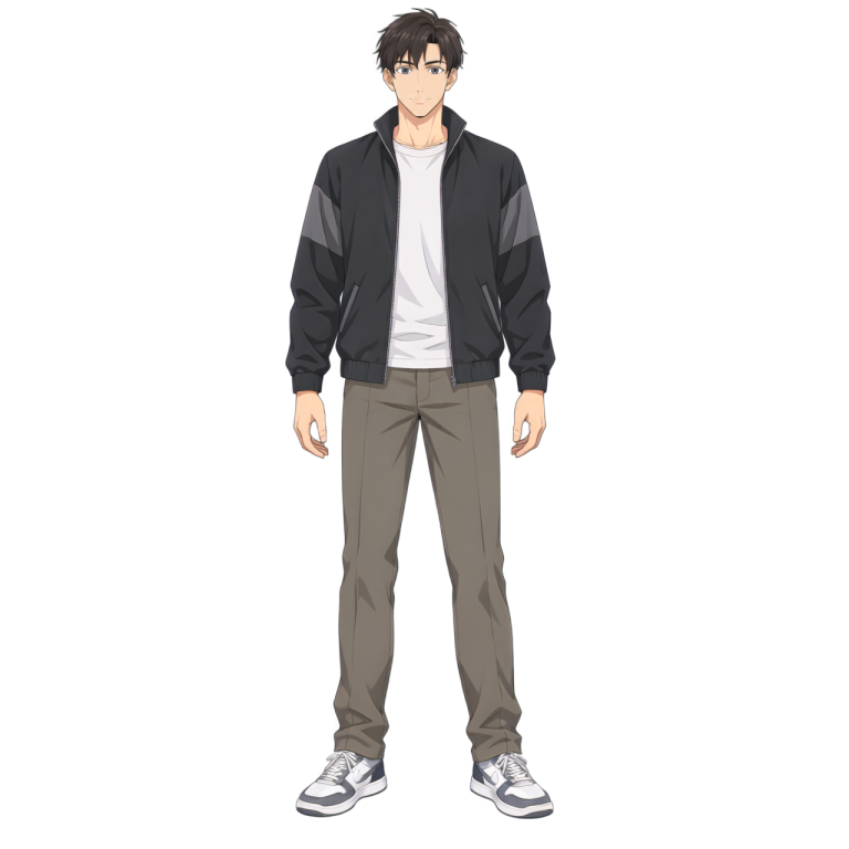 Full-body anime character with short dark hair, a casual black jacket, white shirt and trousers, assembled from 21 generated layers