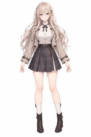 Original full-body anime character with long hair, a jacket and skirt, ready for layer separation