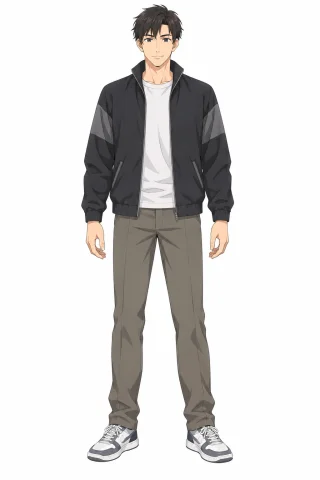 Original full-body anime character with short hair, a casual jacket and trousers, ready for layer separation