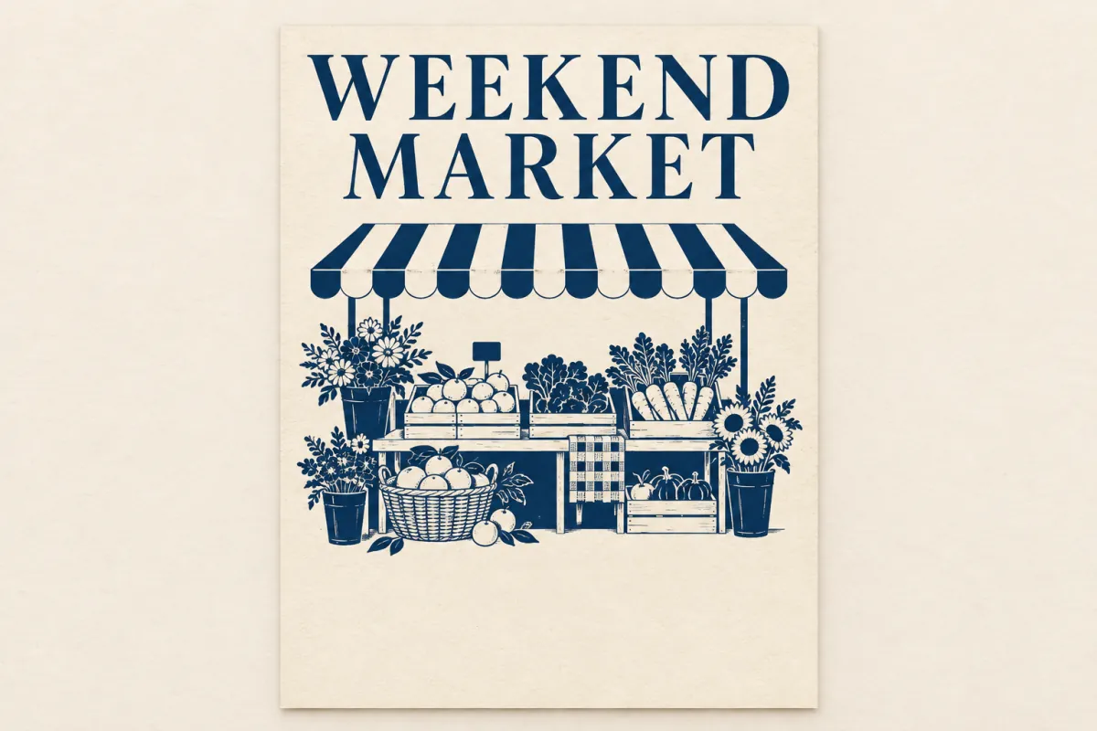 Concept illustration of a navy and cream WEEKEND MARKET poster with a market stall and open footer space.