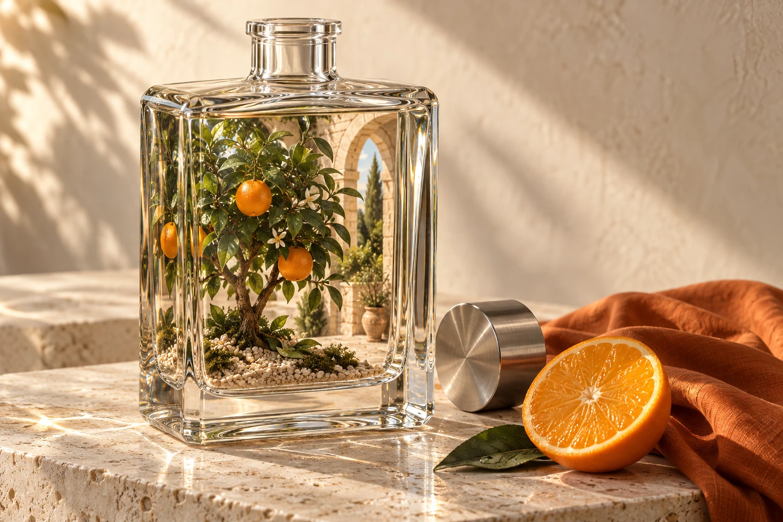 AI-generated concept of a miniature orange garden inside a glass perfume bottle, with a metal cap, sliced orange and orange fabric on sunlit stone.