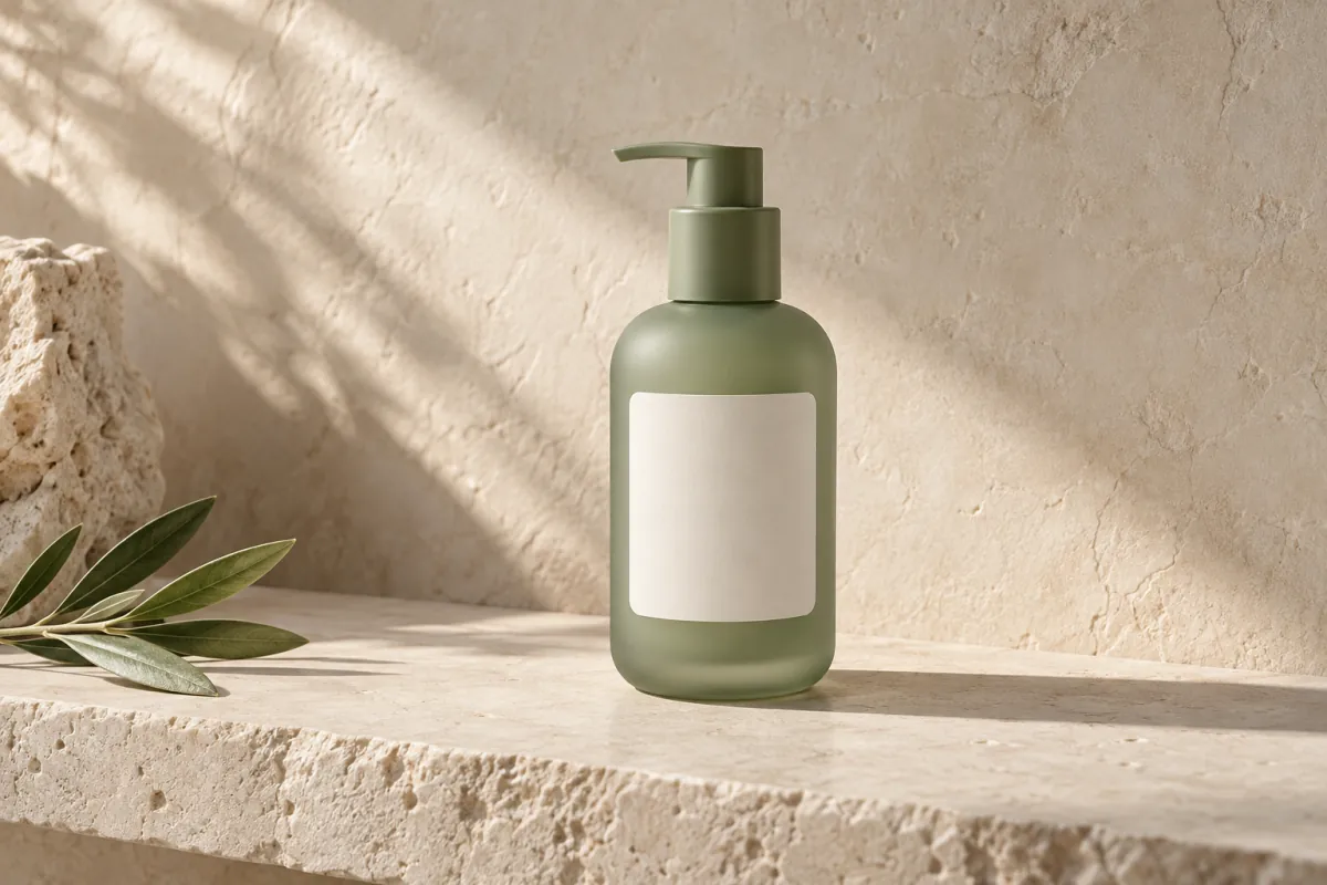 Concept illustration of a sage green skincare bottle on a pale stone shelf with soft side light.