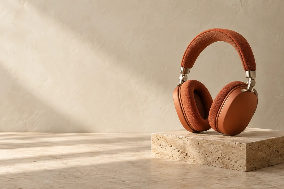 Concept illustration of rust orange headphones on stone, placed to the right with open space on the left.