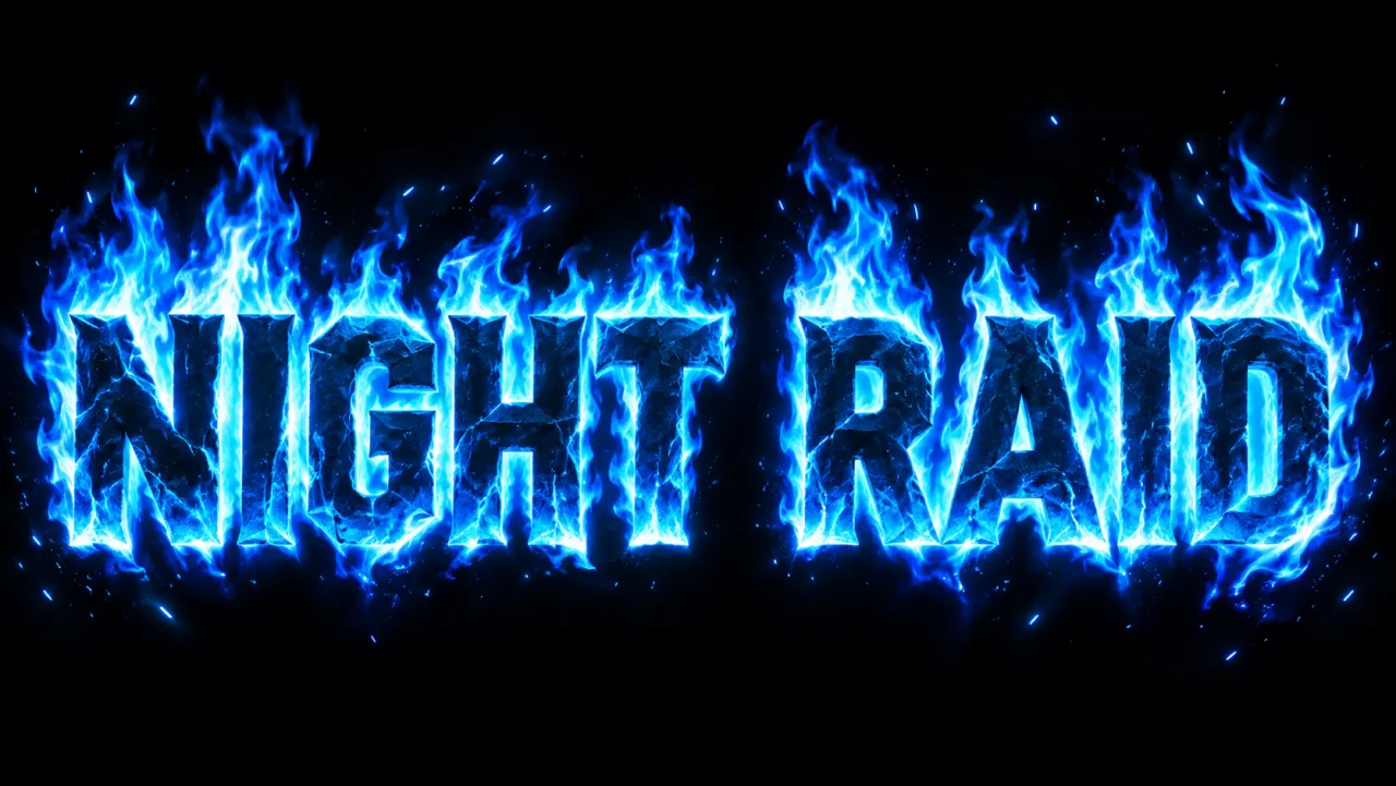 NIGHT RAID game title surrounded by blue and cyan fire on black