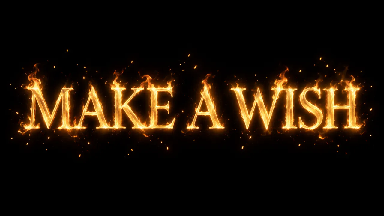 MAKE A WISH in golden burning lettering with fine embers on black