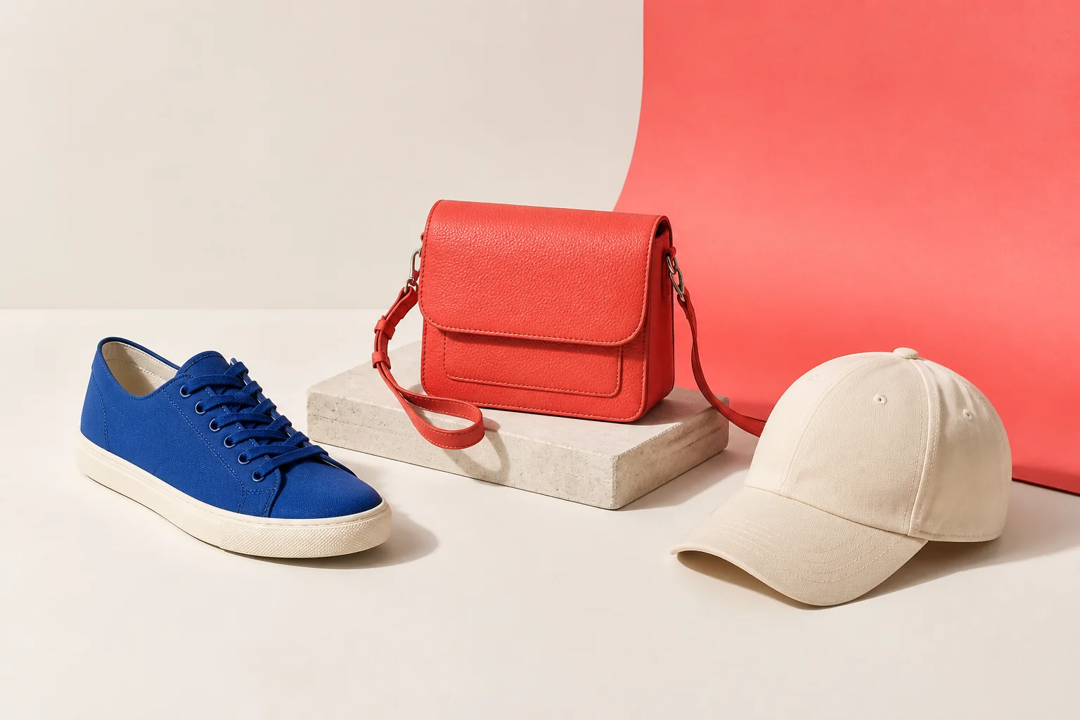 A blue sneaker, coral crossbody bag, and cream cap arranged as three distinct objects in an editorial product photo