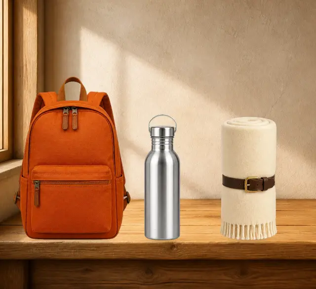 A travel gear photo separated into a cabin background and transparent backpack, water bottle, and rolled blanket layers