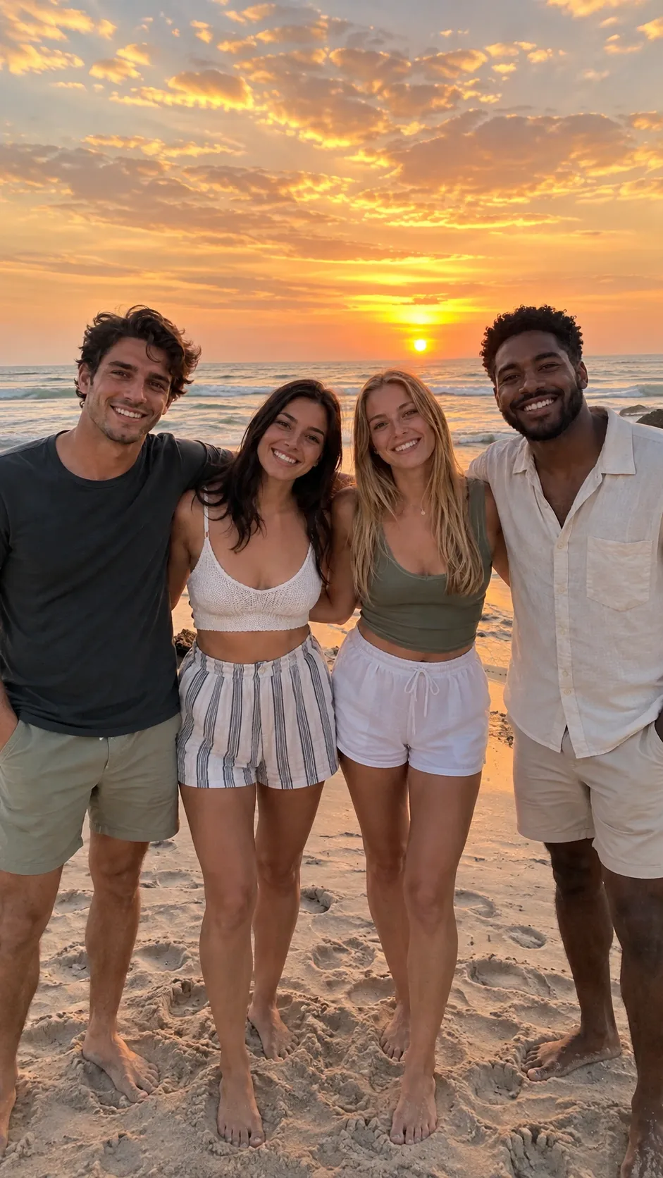 The same four friends in a vertical 9:16 photo with more sunset sky above and the beach with footprints below.