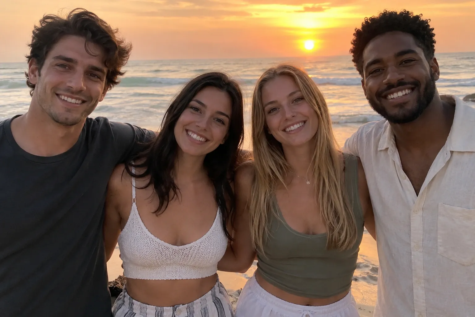 Horizontal photo of four friends standing arm in arm on a beach at sunset, the two outer friends at the edges of the frame.