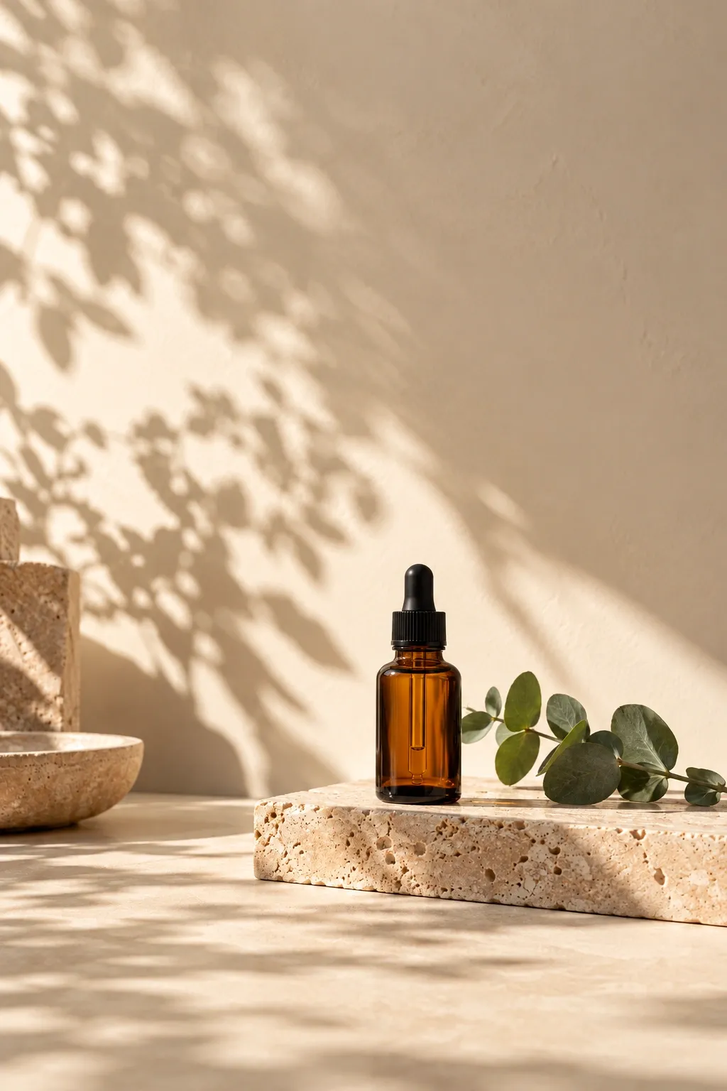 The same serum bottle banner extended to a vertical 2:3 pin with empty wall space and leaf shadows above.