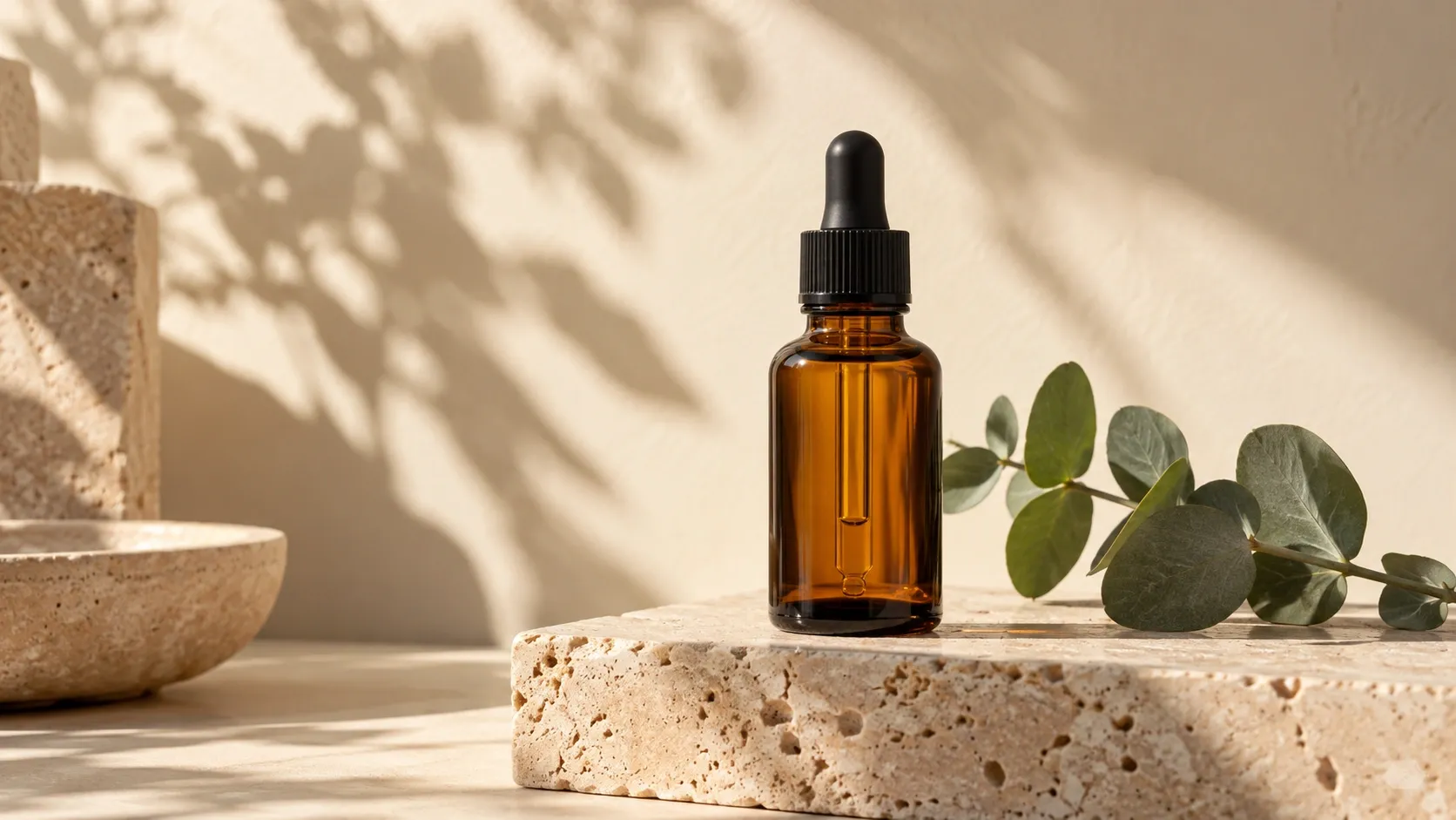 Wide 16:9 product banner of an unbranded amber serum bottle on a travertine block with a eucalyptus sprig.