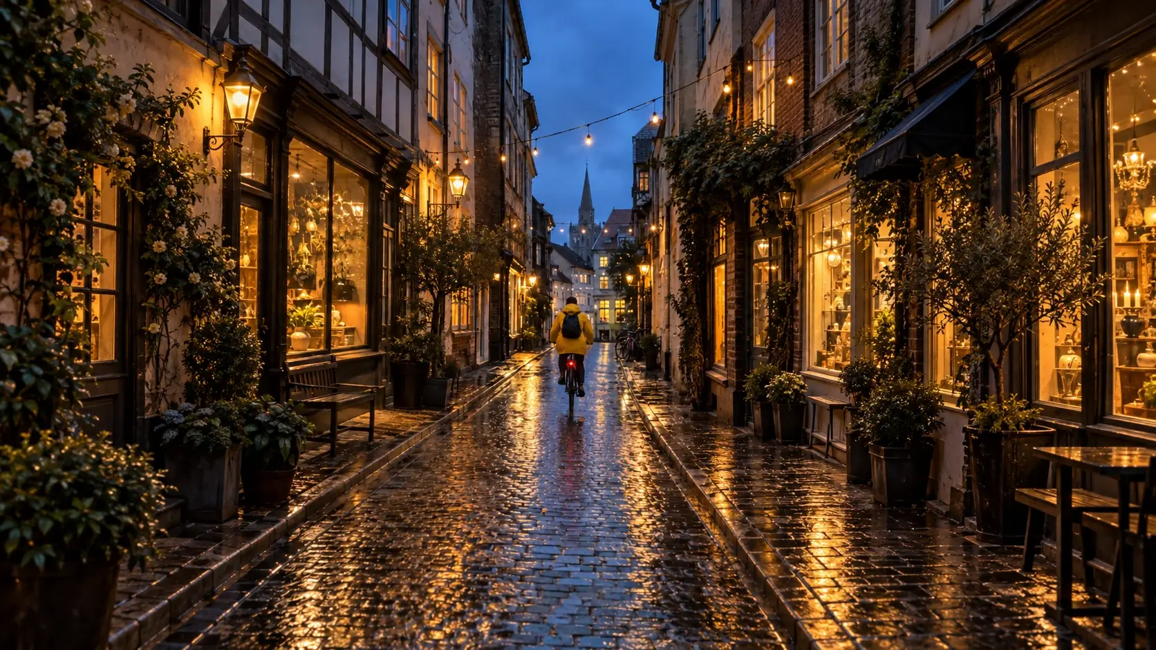 The same rainy street extended to a horizontal 16:9 image with more shop windows and string lights on both sides.