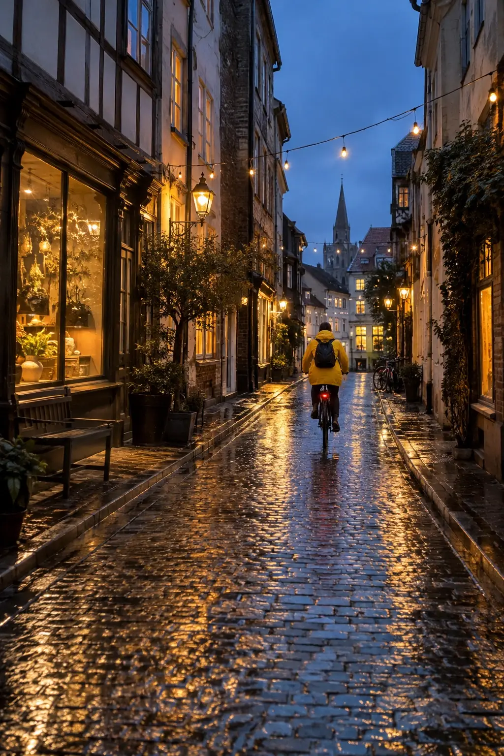 Vertical 2:3 phone photo of a wet cobblestone street at blue hour with a cyclist in a yellow raincoat.