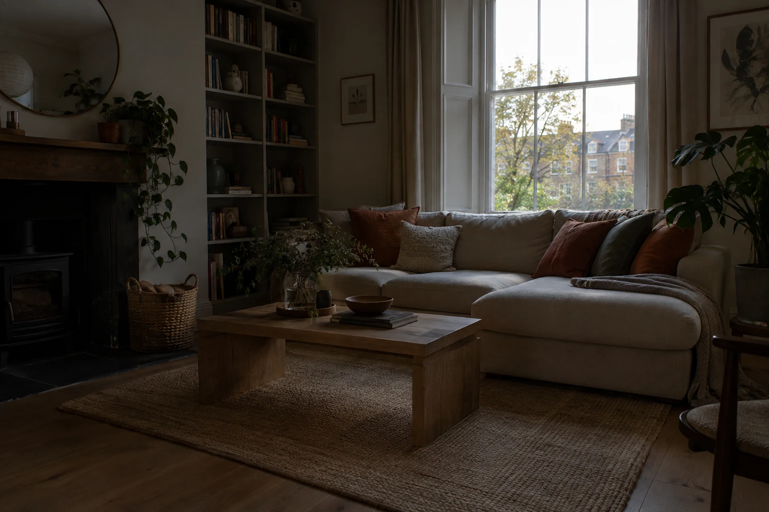 AI-generated dim living room photo used as input to the image brightener
