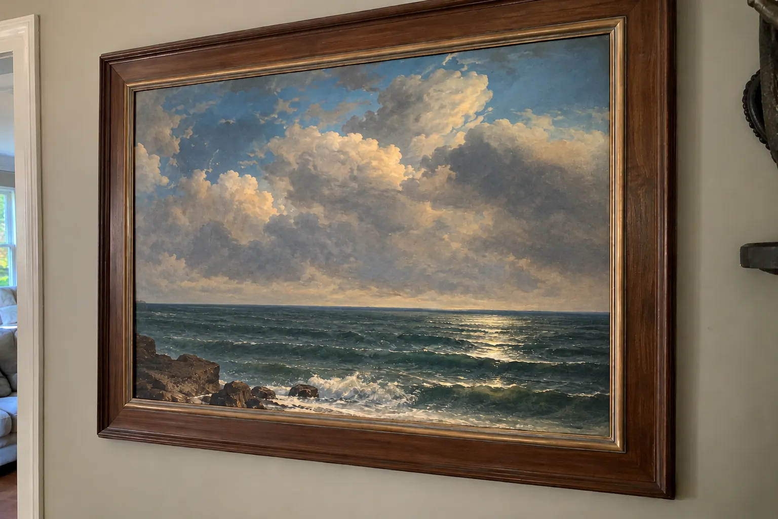 The same framed painting with the glass reflection removed and the whole painting visible.